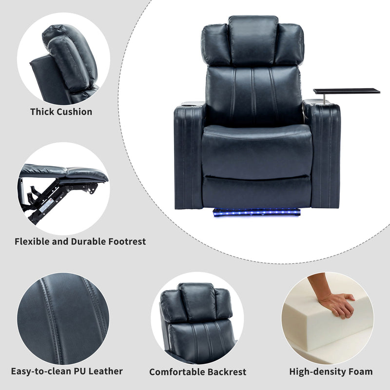 Power Recliner Individual Seat Home Theater Recliner With Cooling Cup Holder - Bluetooth Speaker, Led Lights, USB Ports, Tray Table, Arm Storage For Living Room