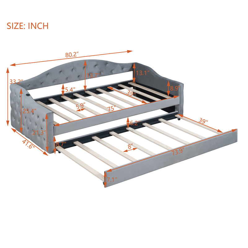 Twin Size Tufted Upholstered Daybed with Trundle ,Velvet Sofabed with USB&Type-C Charging Ports,No Box-spring Needed, Gray