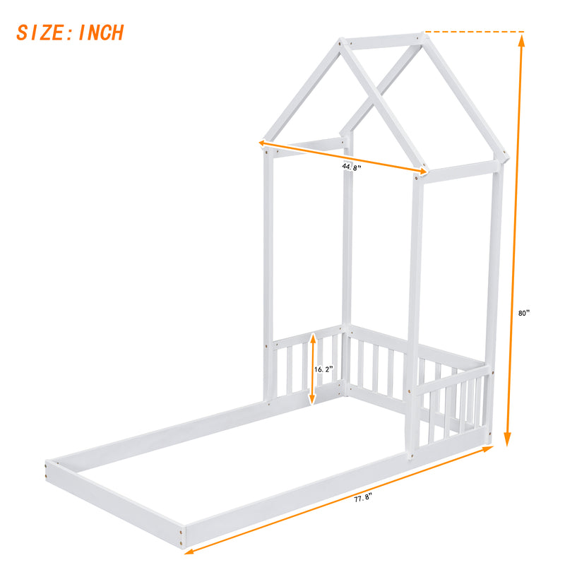 Twin House-shaped Roof Headboard Floor Bed,,(without slats),White