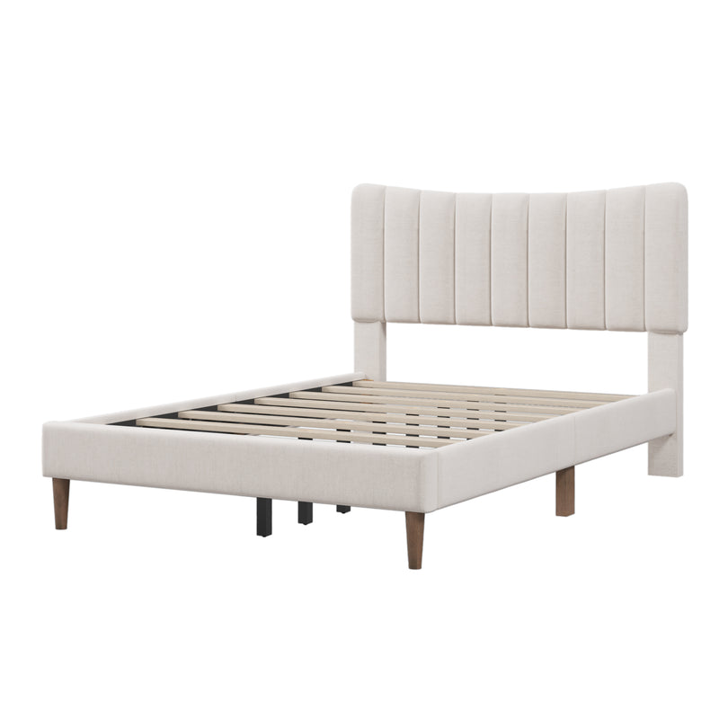 Upholstered Platform Bed Frame with Vertical Channel Tufted Headboard, No Box Spring Needed, Full, Cream