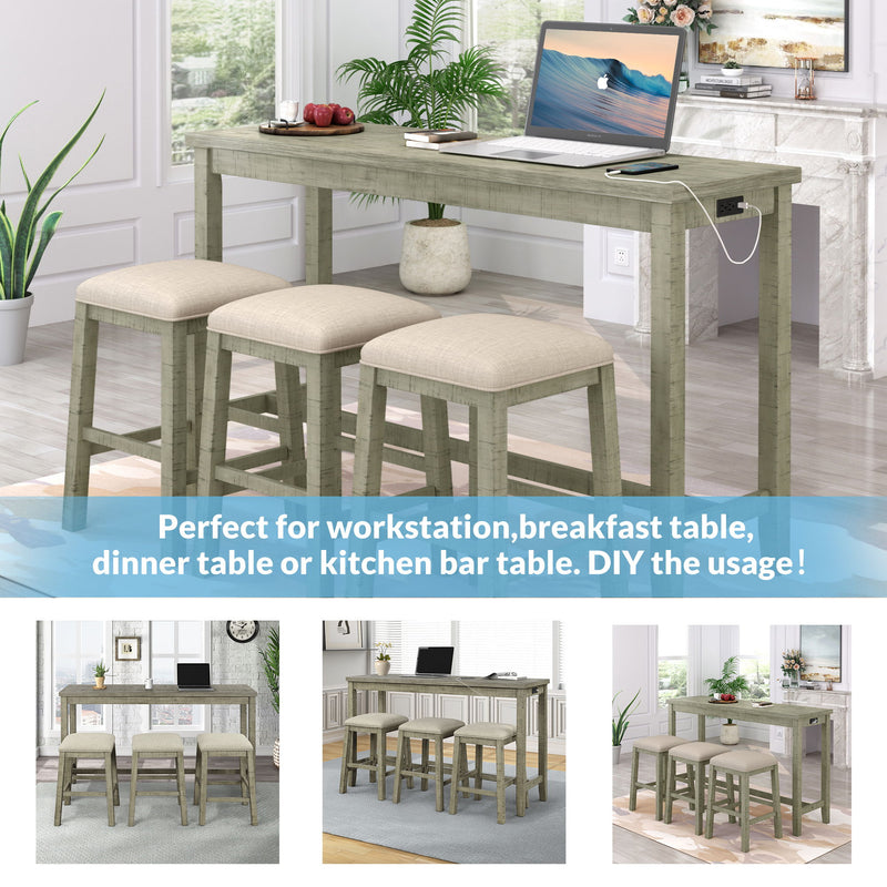 Topmax - 4 Pieces Counter Height Table With Fabric Padded Stools, Rustic Bar Dining Set With Socket