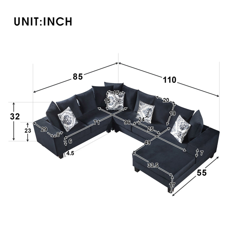 Modern U Shape Sectional Sofa, Velvet Corner Couch With Lots Of Pillows Included, Elegant And Functional Indoor Furniture For Living Room, Apartment, Office - Black