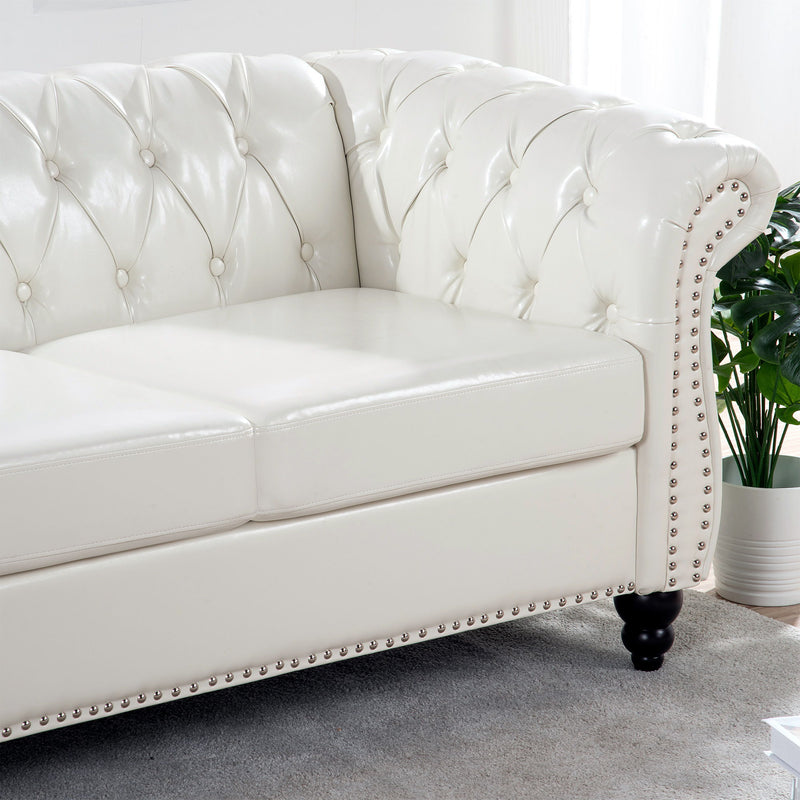 84.65" Rolled Arm Chesterfield 3 Seater Sofa - White