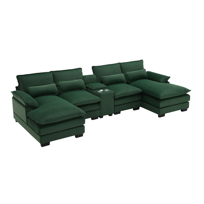 Modern U Shaped Sofa With Console, Cupholders And USB Ports, 6 Seat Upholstered Symmetrical Indoor Furniture, Sleeper Couch Set With Chaise For Living Room, Apartment, 5 Colors - Green