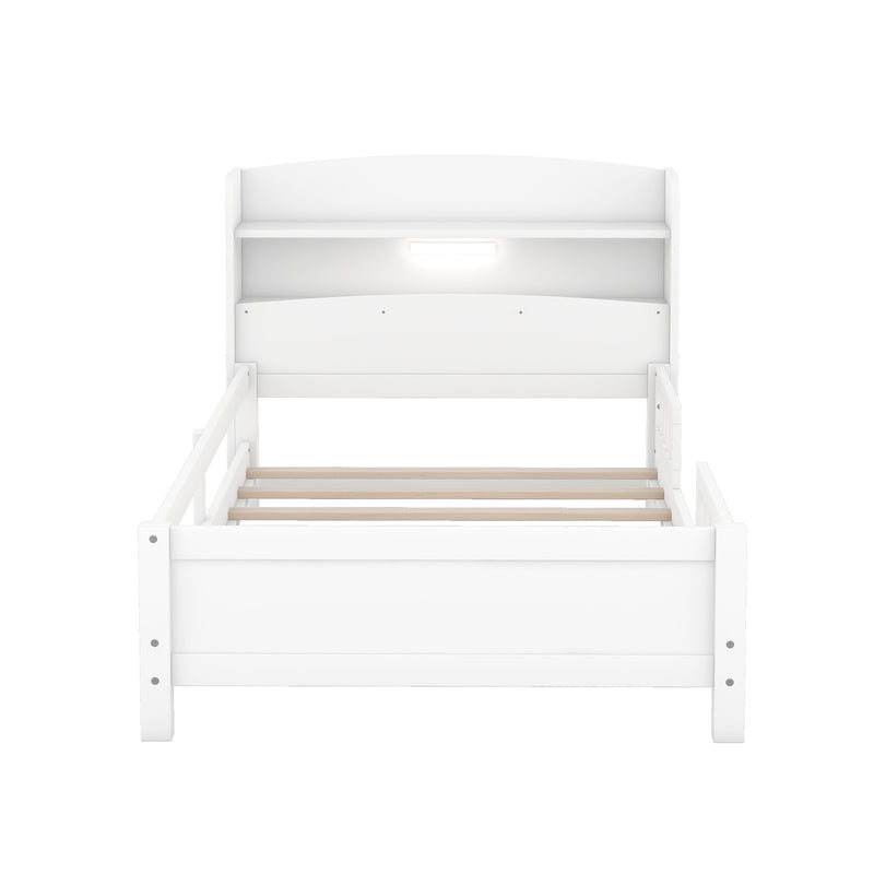 Wood Twin Size Platform Bed with Built-in LED Light, Storage Headboard and Guardrail, White