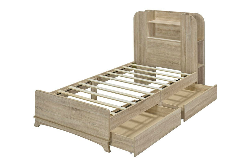 Twin Size Storage Platform Bed Frame with with Two Drawers and Light Strip Design in Headboard,Natural