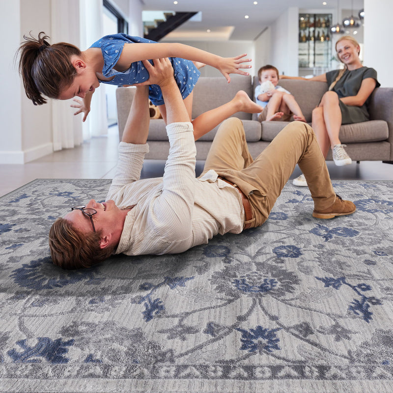 6' x 9' Oriental Non-Shedding Living Room Bedroom Dining Home Office Stylish And Stain Resistant Area Rug - Blue / Silver