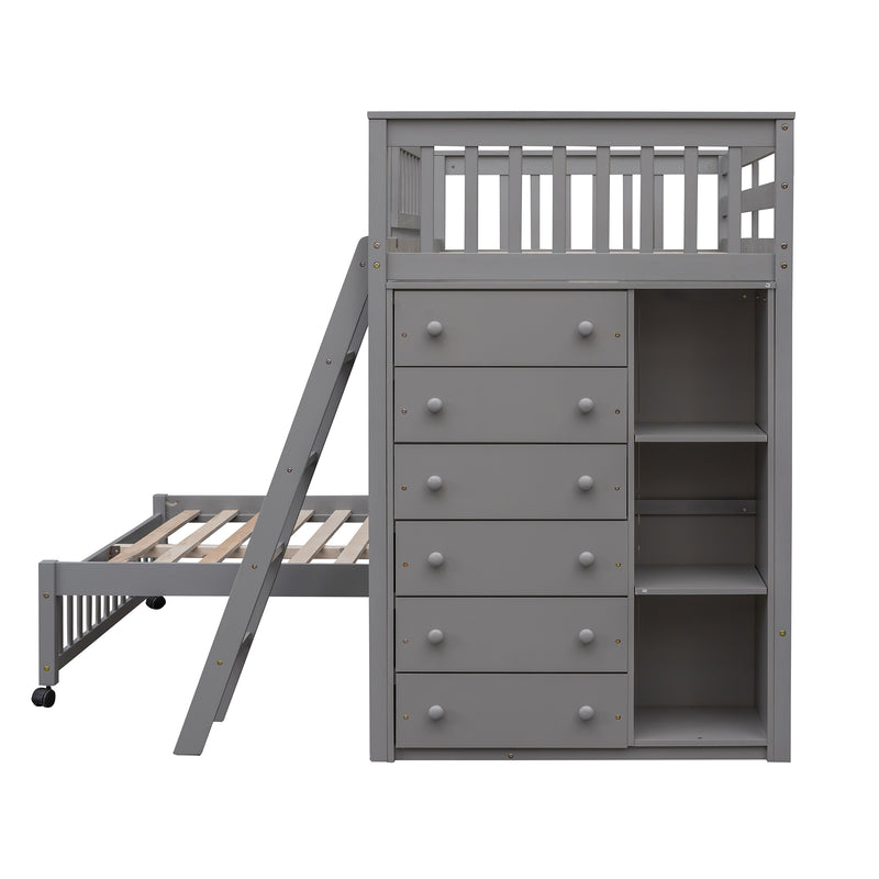 Wooden Twin Over Full Bunk Bed With Six Drawers And Flexible Shelves,Bottom Bed With Wheels,Gray(OLD SKU:LP000531AAE)