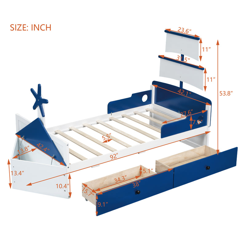 Twin Size Boat-Shaped Platform Bed with 2 Drawers ,Twin Bed with Storage for Bedroom,Blue