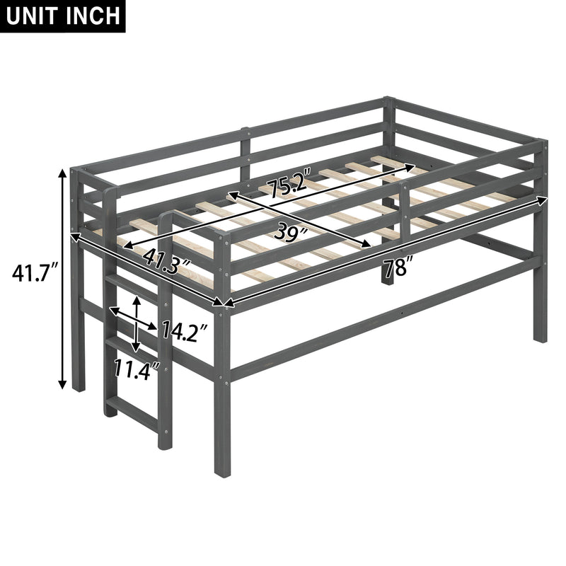 Wood Twin Size Loft Bed with Side Ladder, Antique Grey