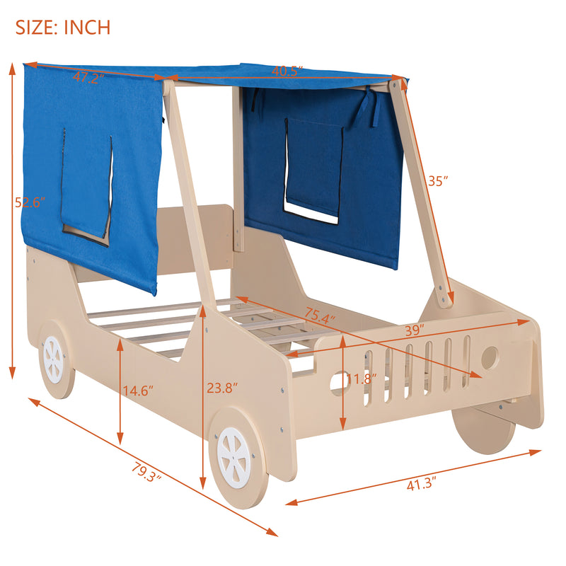 Twin Size Car Shaped Bed with Tents,Natural