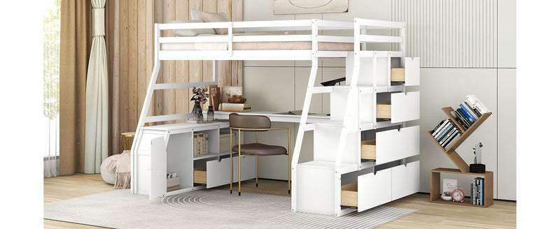 Twin Size Loft Bed with 7 Drawers 2 Shelves and Desk - White