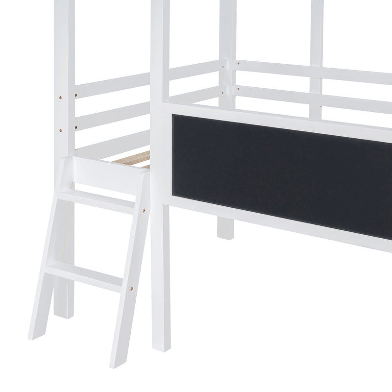 Twin Size Loft Bed with Ladder and Slide, House Bed with Blackboard and Light Strip on the Roof, White