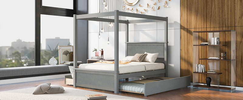 Wood Canopy Bed with Trundle Bed and two Drawers ,Full Size Canopy Platform bed With Support Slats .No Box Spring Needed, Brushed Gray