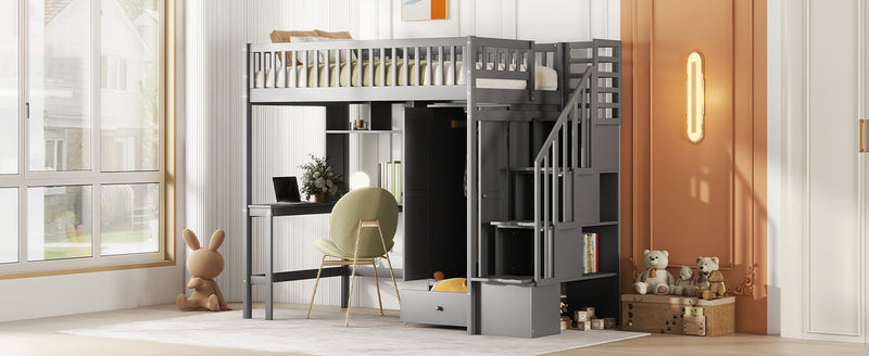 Twin size Loft Bed with Bookshelf,Drawers,Desk,and Wardrobe-Gray