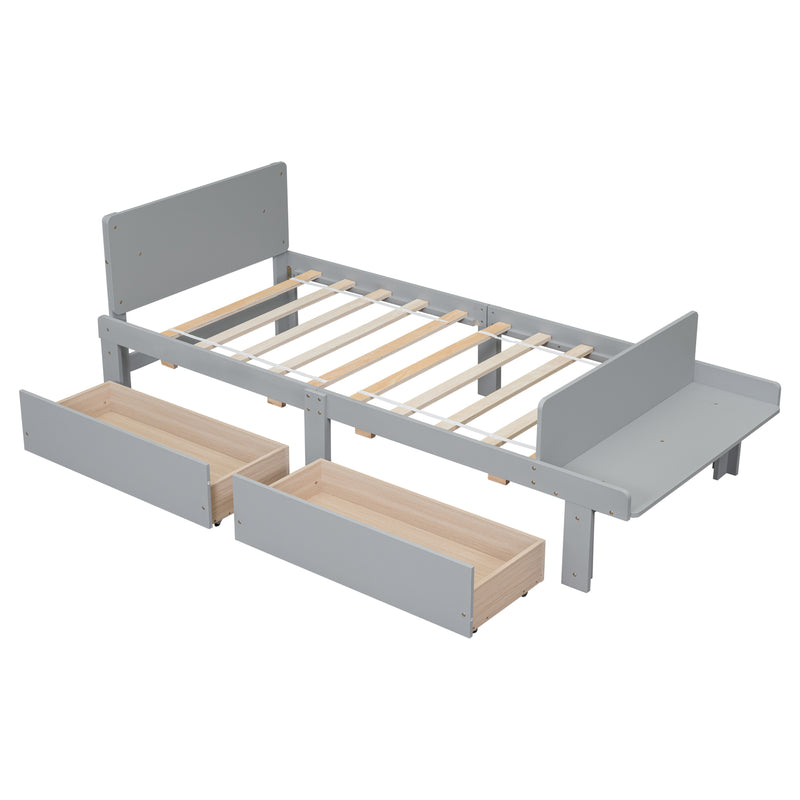 Twin Bed with Footboard Bench,2 drawers,Grey