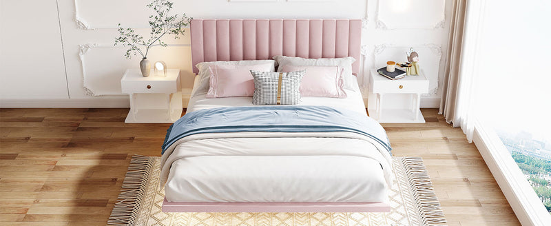 Queen Size Upholstered Bed With Sensor Light And Headboard, Floating Velvet Platform Bed - Pink