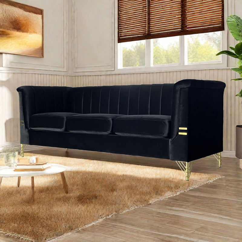 Fx-P82-Bk (Sofa) Modern Sofa Couches For Living Room, Velvet Tight Back Chesterfield Design Couch Upholstered Sofa With Metal Legs Decor Furniture For Bedroom - Black