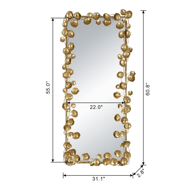 Full Length Mirror With Leaf Accents, Floor Miiror For Living Room Bedroom - Golden