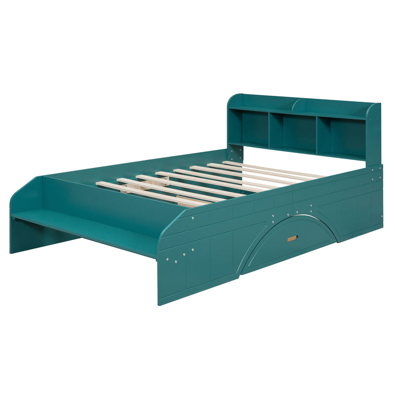 Wood Full Size Platform Bed with 2 Drawers, Storage  Headboard and Footboard, Dark Green