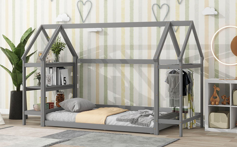 Wood House Bed With Storage Shelf And Hanger, Kids Bedroom Set