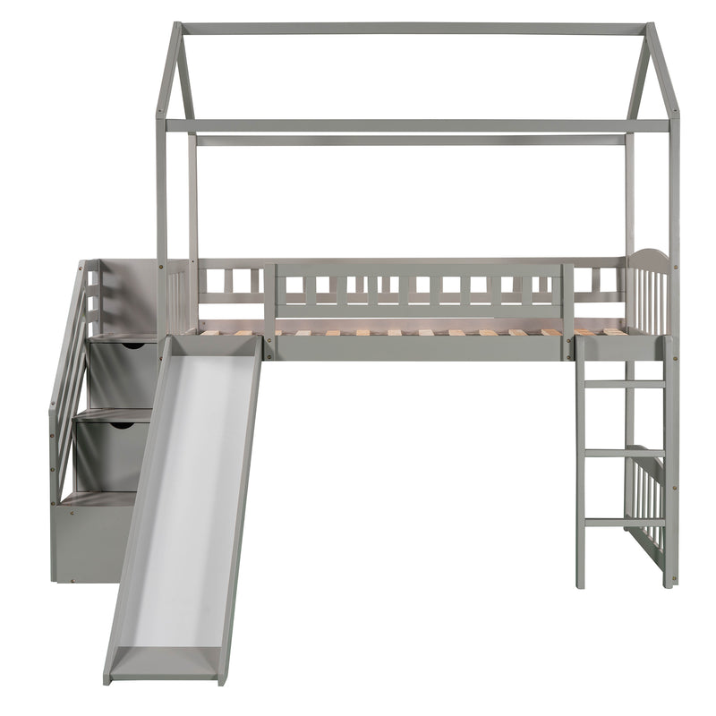 Twin Loft Bed with Two Drawers and Slide, House Bed with Slide, Gray (Old SKU: LP000130AAE)