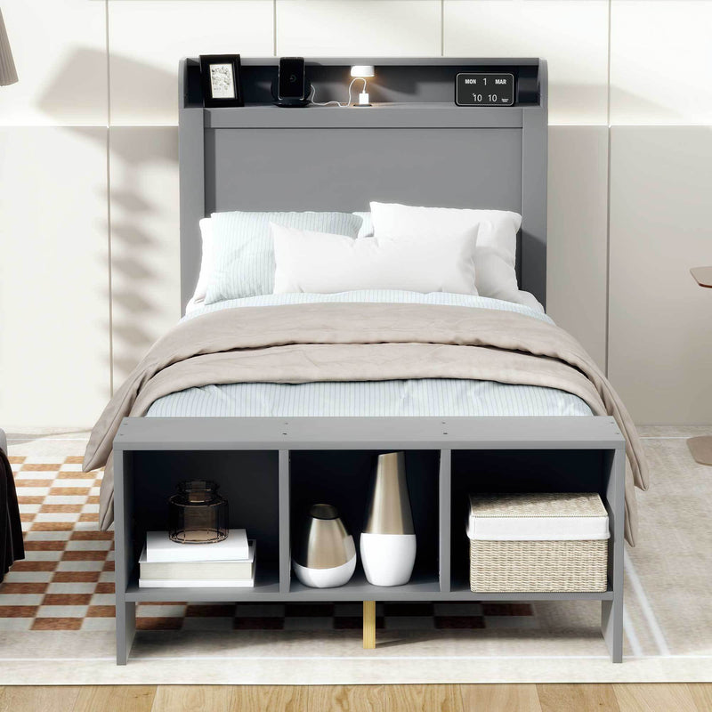 Twin Size Platform Bed with built-in shelves, LED Light and USB ports, Gray