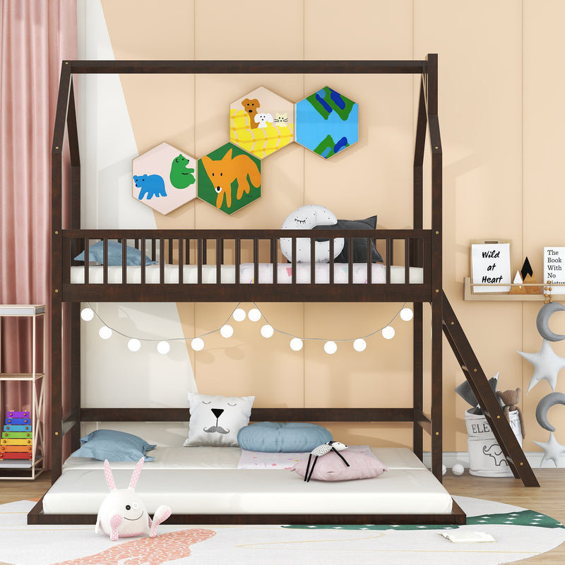 Twin Over Twin-Twin House Bunk Bed with Extending Trundle and Ladder