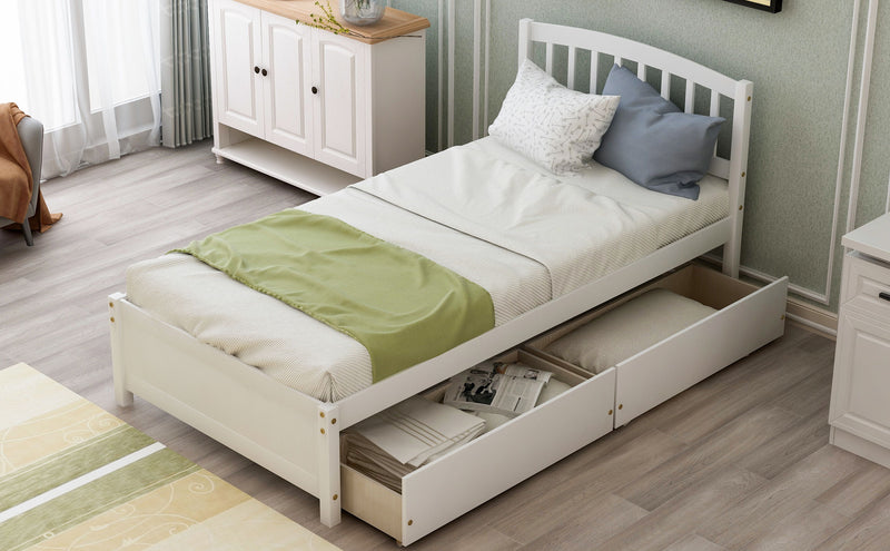 Twin Platform Storage Bed Wood Bed Frame With Two Drawers And Headboard - White