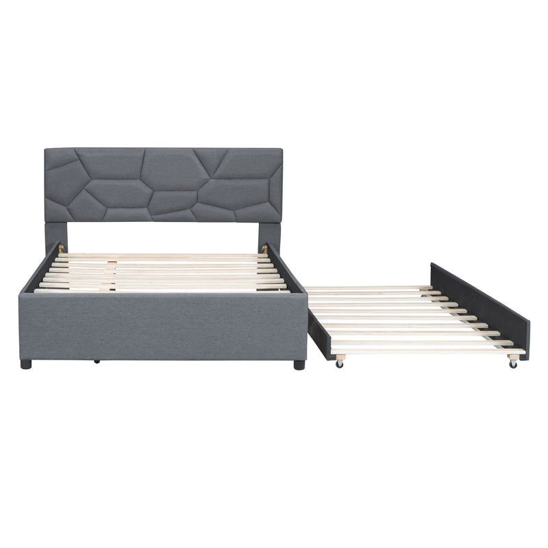 Upholstered Platform Bed With Brick Pattern Headboard And Twin Size Trundle, Linen