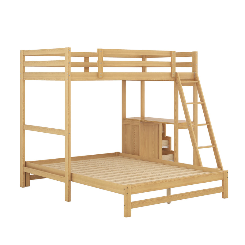 Twin over Full Bunk Bed with Built-in Desk and Three Drawers, Natural