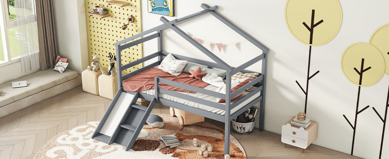 Twin Low Loft House Bed with Slide,  Ladder, Safety Guardrails, House Roof Frame,Grey