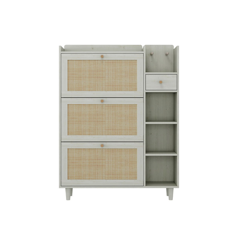 Natural Bohemia Style Shoe Cabinet, Shoe Rack Cabinet With 3 Rattan Flip Drawers, 3 Square Shelves And 1 Storage Drawer, Shoe Organizer With Mulit Storage Space And Hooks For Hallway, Entryway