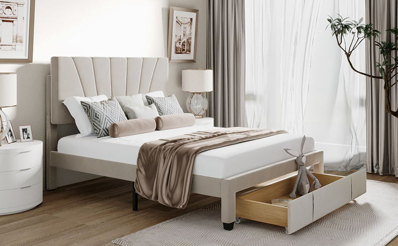 Queen Size Storage Bed Velvet Upholstered Platform Bed With A Big Drawer - Beige