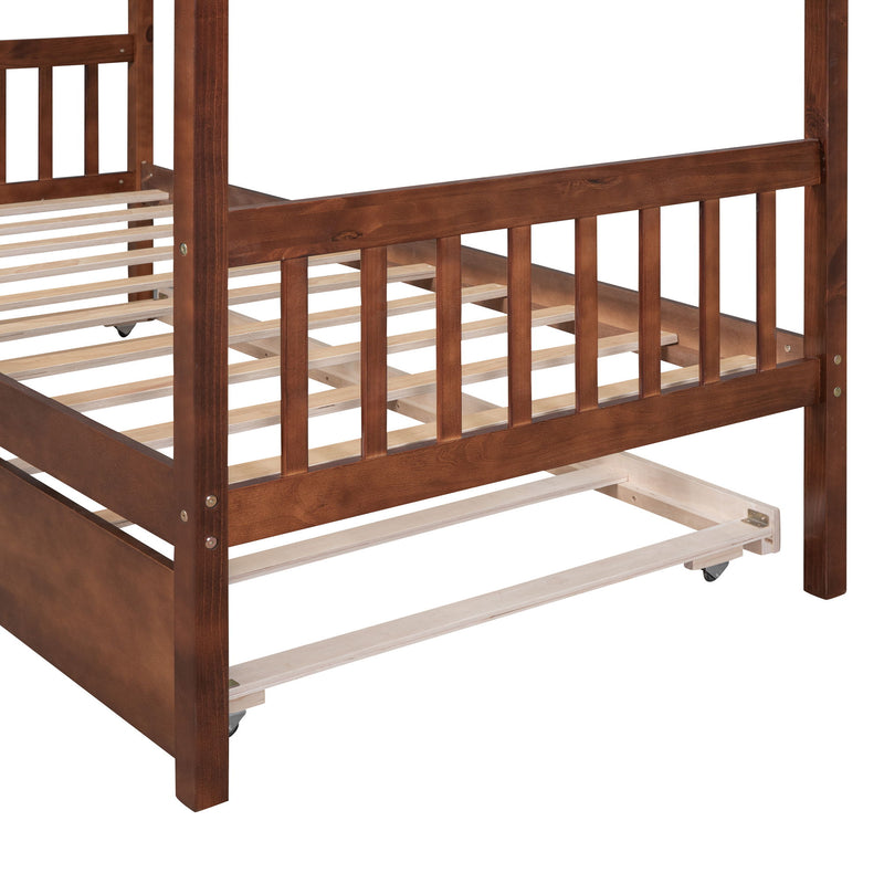 Twin Size Wooden House Bed With Twin Size Trundle Walnut