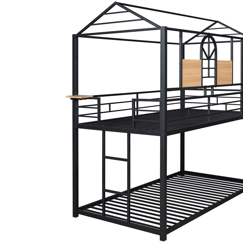 Twin Over Twin Metal Bunk Bed ,Metal Housebed With Slide,Three Colors Available.(Black with Black  Slide)(OLD SKU :LP000095AAB)