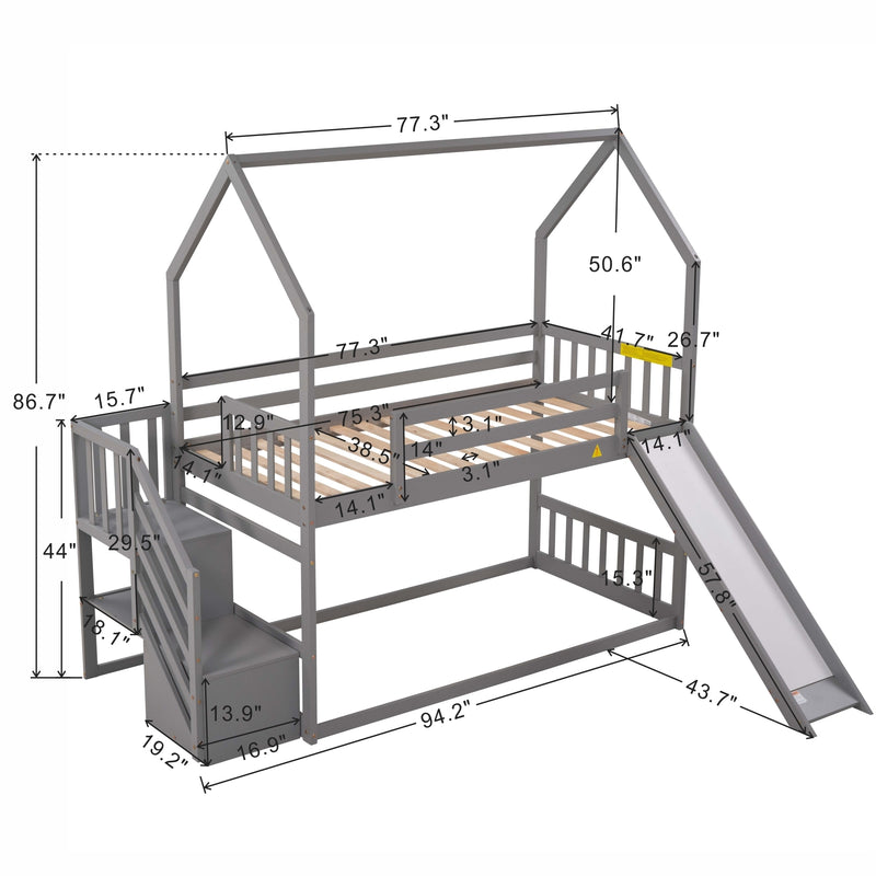 Twin over Twin House Bunk Bed with Convertible Slide,Storage Staircase can be Placed Left or Right,Gray