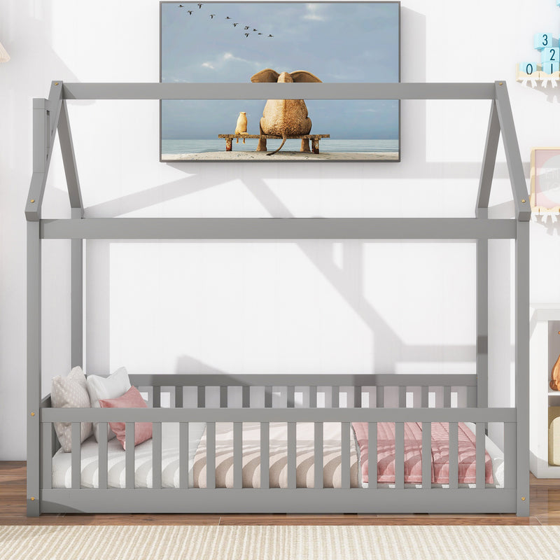 Twin House Bed with Guardrails, Slats ,Grey