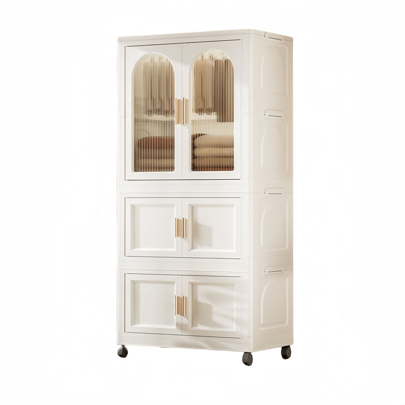 25.59" Side Wide Folding Wardrobe, 25.59" ×15.75" ×57.09" , With Magnetic Door, Plastic Storage Cabinet With Wheels ( One Layer Of Wardrobe + Two Layers Of Folding Boxes + 10 Hangers ) - Cream White