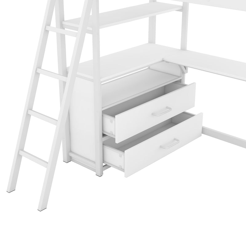 Twin Size Metal&Wood Loft Bed with Desk and Shelves, Two Built-in Drawers, White