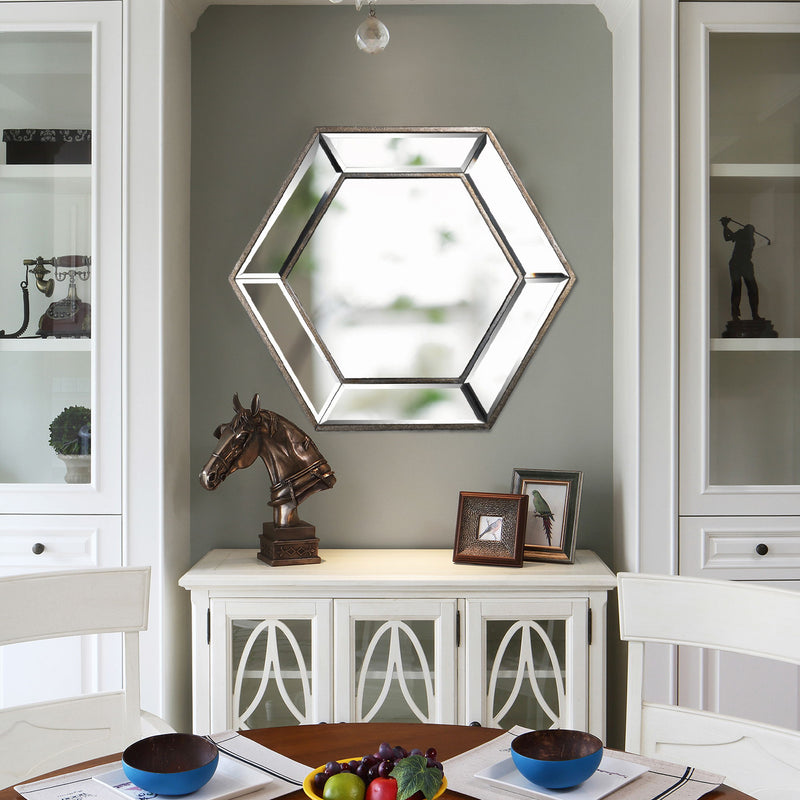 Hexagon Wall Mirror With Contemporary Glass Design, Home Decor Accent Mirror For Living Room - Silver