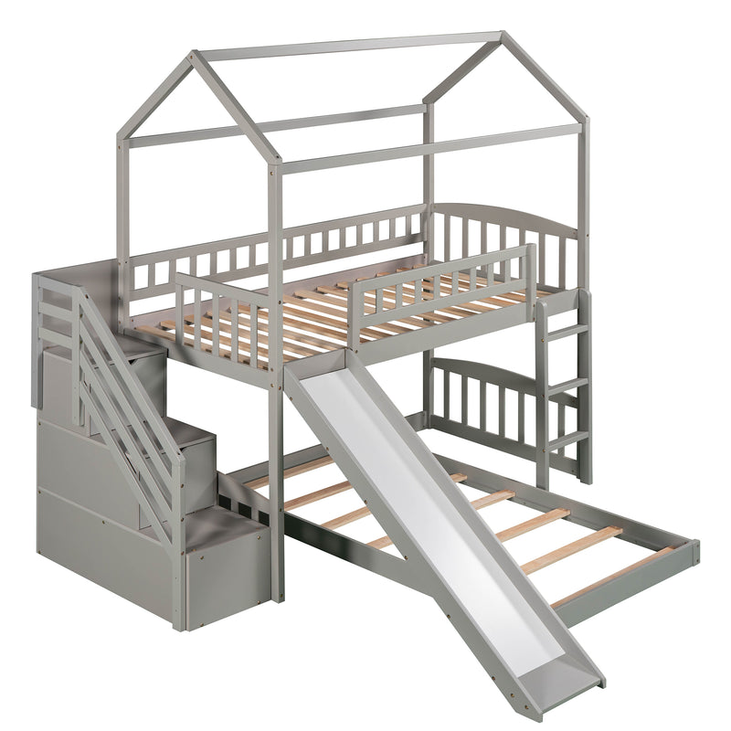 Twin Over Twin Bunk Bed with Two Drawers and Slide, House Bed with Slide, White(OLD SKU :LP000129AAE)