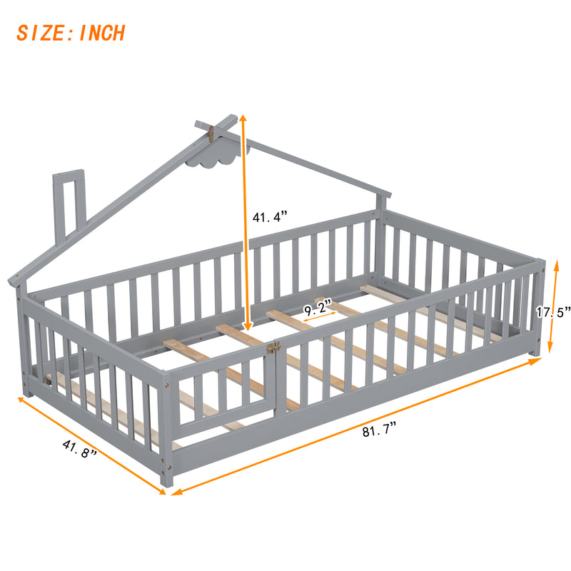 Twin House-Shaped Bedside Floor Bed with Guardrails, Slats, with Door,Grey