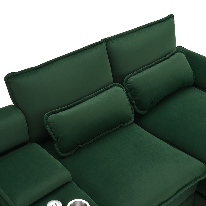 Modern U Shaped Sofa With Console, Cupholders And USB Ports, 6 Seat Upholstered Symmetrical Indoor Furniture, Sleeper Couch Set With Chaise For Living Room, Apartment, 5 Colors - Green