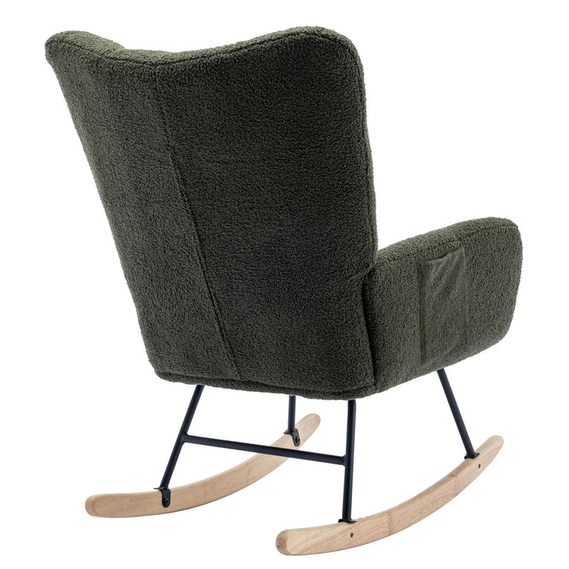 30.3" Rocking Chair With Pocket, Soft Teddy Fabric Rocking Chair For Nursery, Comfy Wingback Glider Rocker With Safe Solid Wood Base For Living Room Bedroom Balcony - Dark Green