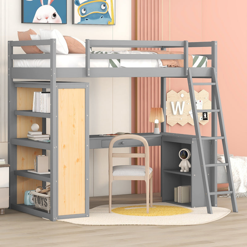 Twin Size Loft Bed with Ladder, Shelves, and Desk, Gray(LT000225AAE)