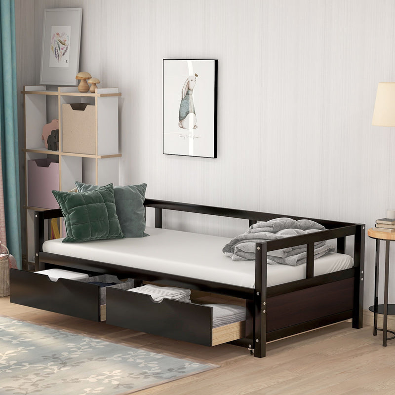 Wooden Daybed With Trundle Bed And Two Storage Drawers, Extendable Bed Daybed, Sofa Bed For Bedroom Living Room - Espresso