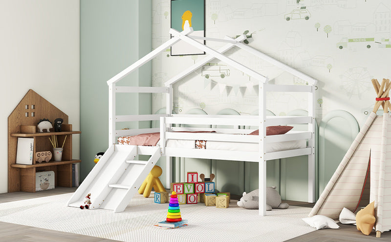 Twin Low Loft House Bed with Slide,  Ladder, Safety Guardrails, House Roof Frame,White