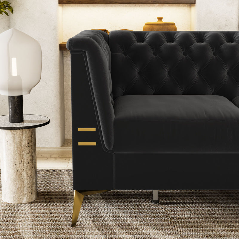 Fx-P83-Bk2 (Sofa) Luxurious Velvet Sofa With Gold Legs, Modern Chesterfield Design, Tufted Upholstery, 3-Seat Couch For Living Room And Office - Black