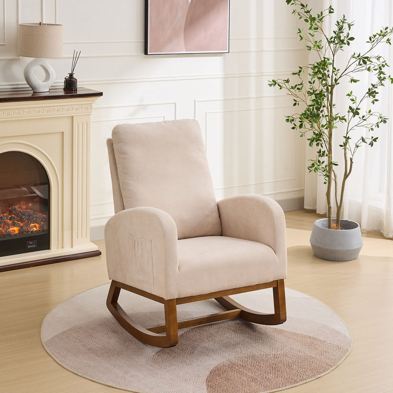 Rocking Chair For Nursery, Polyester Glider Chair With High Back And Side Pocket, Rocking Accent Armchair With Rubber Wood Legs For Living Room / Bedroom